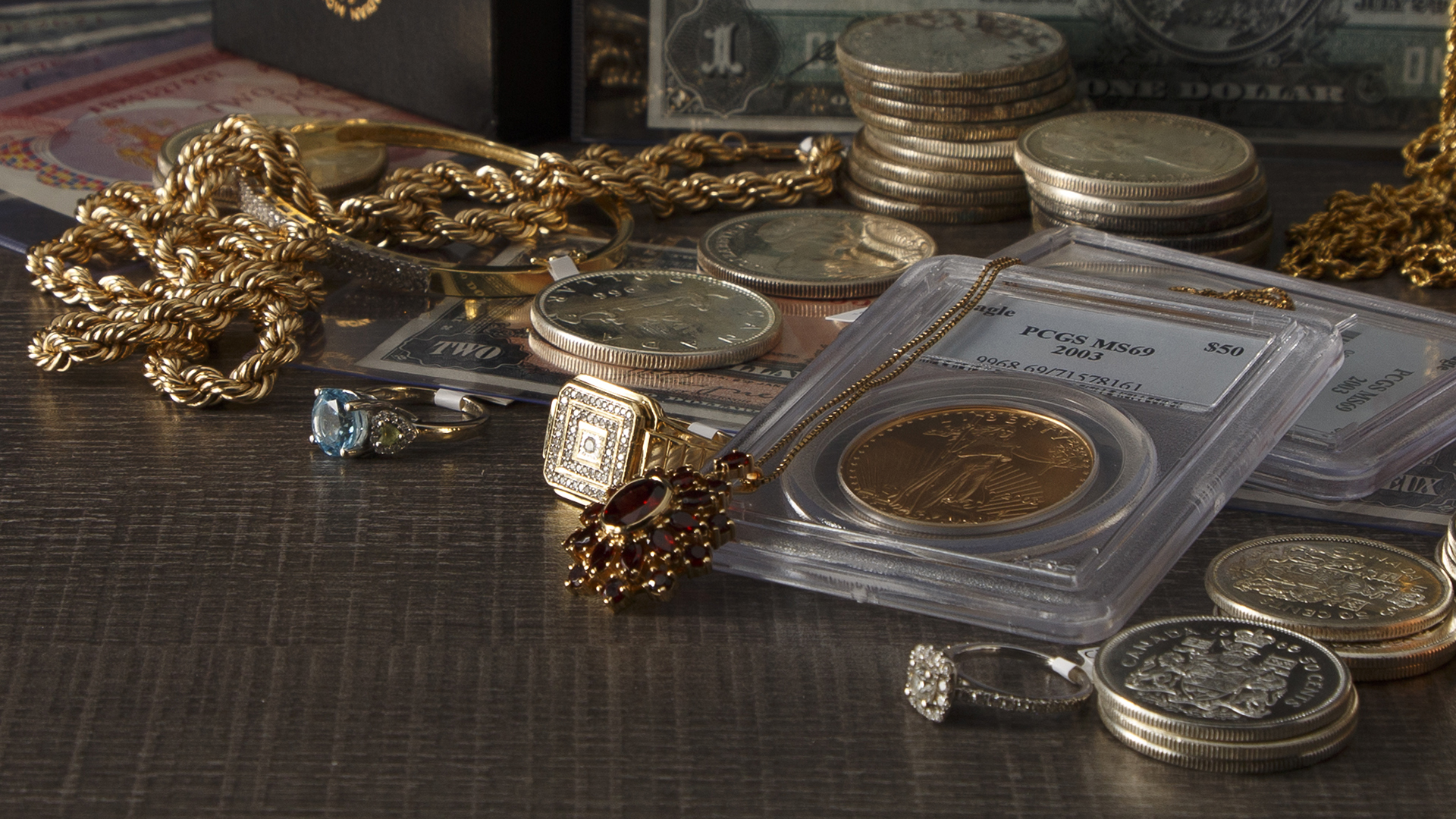 Gold jewellery and coins